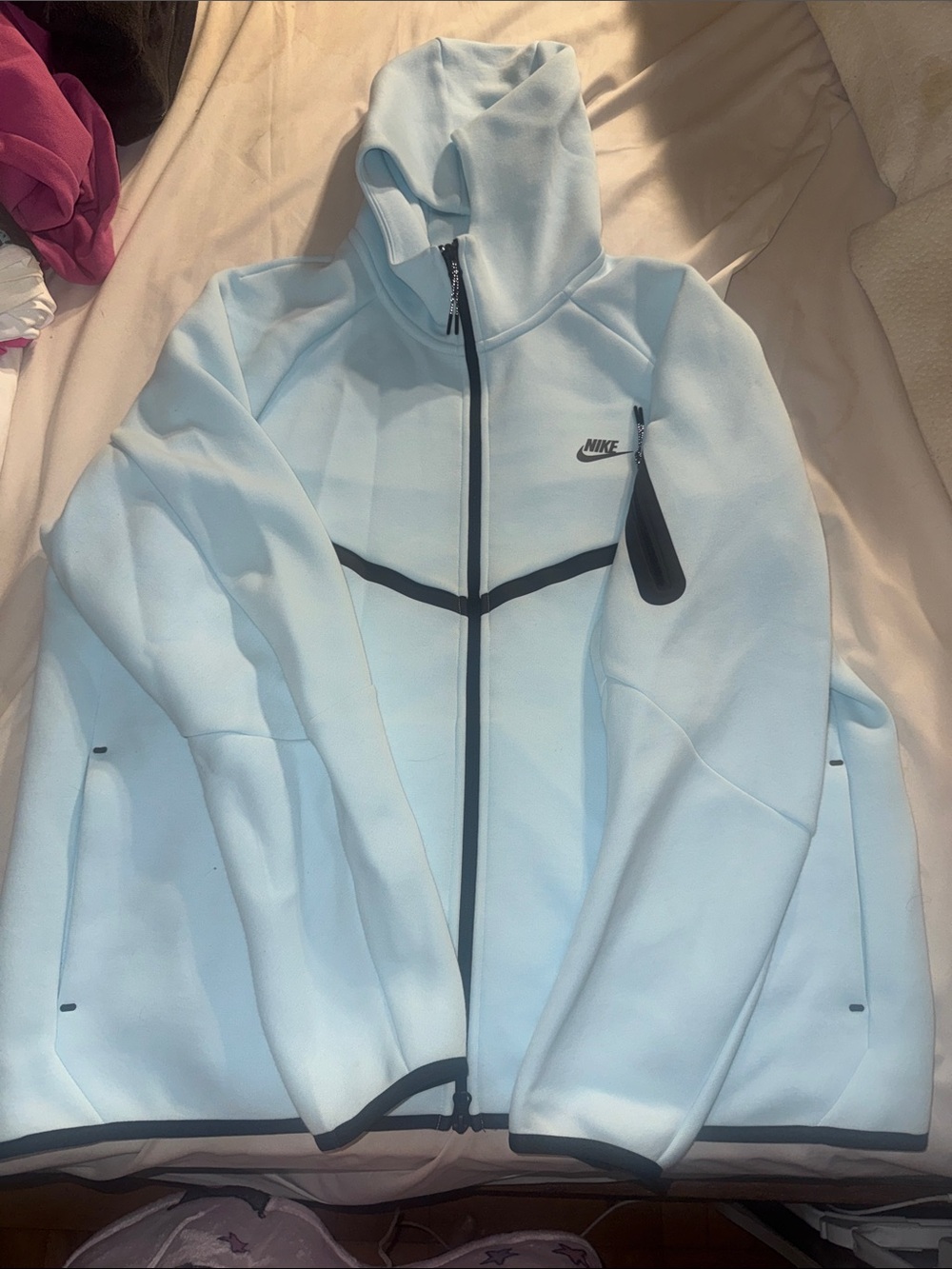 Nike Mens Hooded Light Blue Full-Zip Tech Jacket with Black Trim